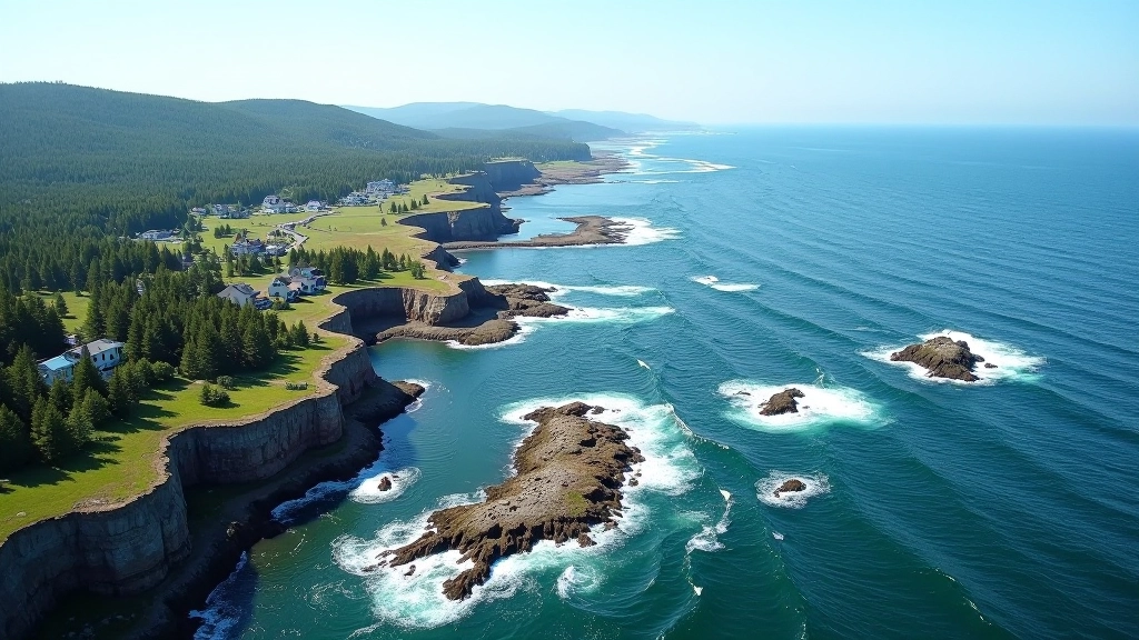 Aerial view of Bay of Fundy showing dramatic tidal patterns and rocky shoreline with coastal villages nestled between water and forest
