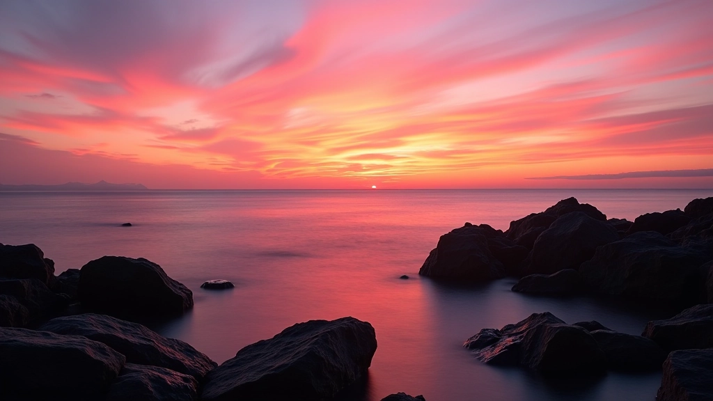 Sunset over ocean horizon with pink and orange sky reflecting on calm water, silhouetted rocks in foreground