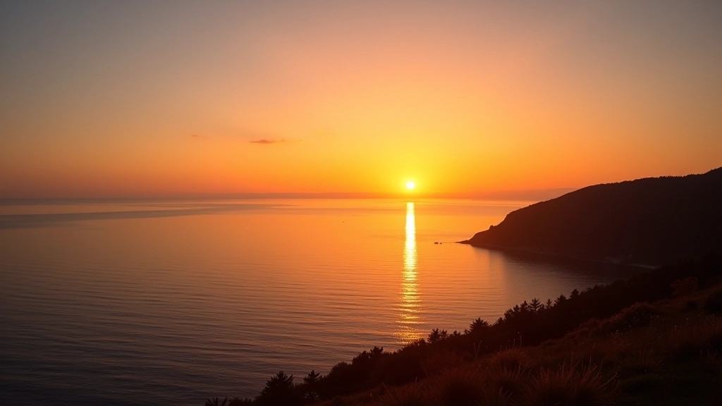 Sunset over calm ocean with silhouetted coastal landscape and golden light reflecting on water