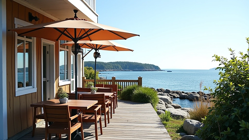 Seaside restaurant or café with ocean view, outdoor seating area, waterfront tables with umbrellas, coastal charm