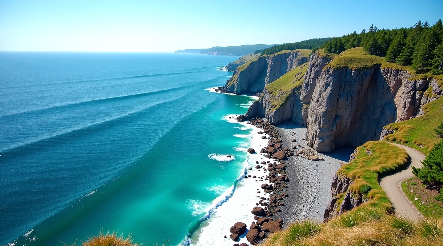 Coastal cliffs overlooking turquoise Atlantic Ocean with rocky shoreline and waves crashing below