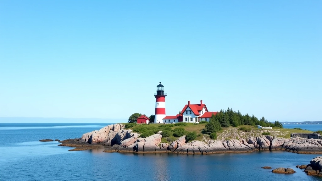 Lighthouse standing on rocky point with red and white striped pattern, surrounded by sea rocks and calm water