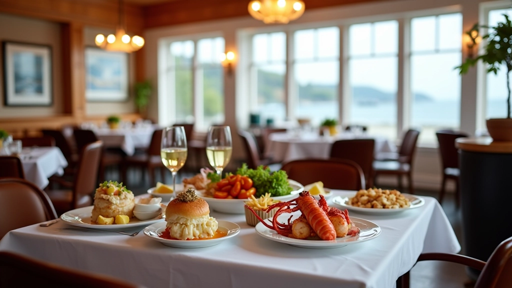 Rustic coastal restaurant dining room with large windows overlooking Bay of Fundy, fresh seafood plated on white dishes, wooden furniture