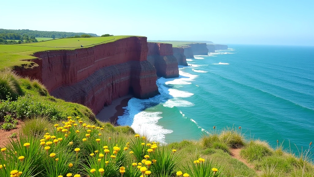 Scenic PEI coastline with red sand cliffs rising above turquoise Atlantic waters, green vegetation framing the cliff edge