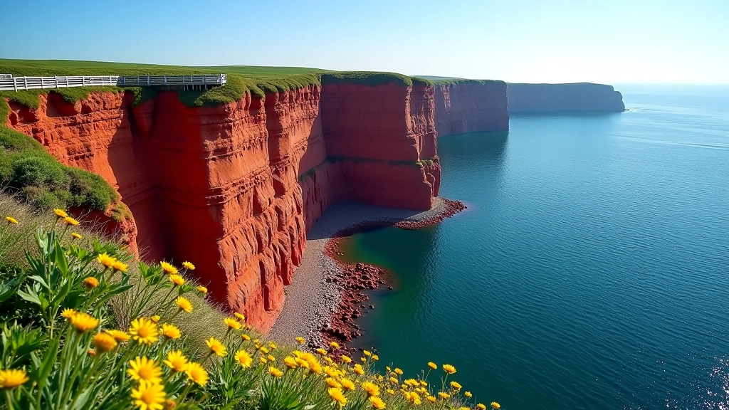 Red sand cliffs overlooking blue Atlantic Ocean, wooden observation platform at cliff edge, green vegetation on cliff top, bright daylight
