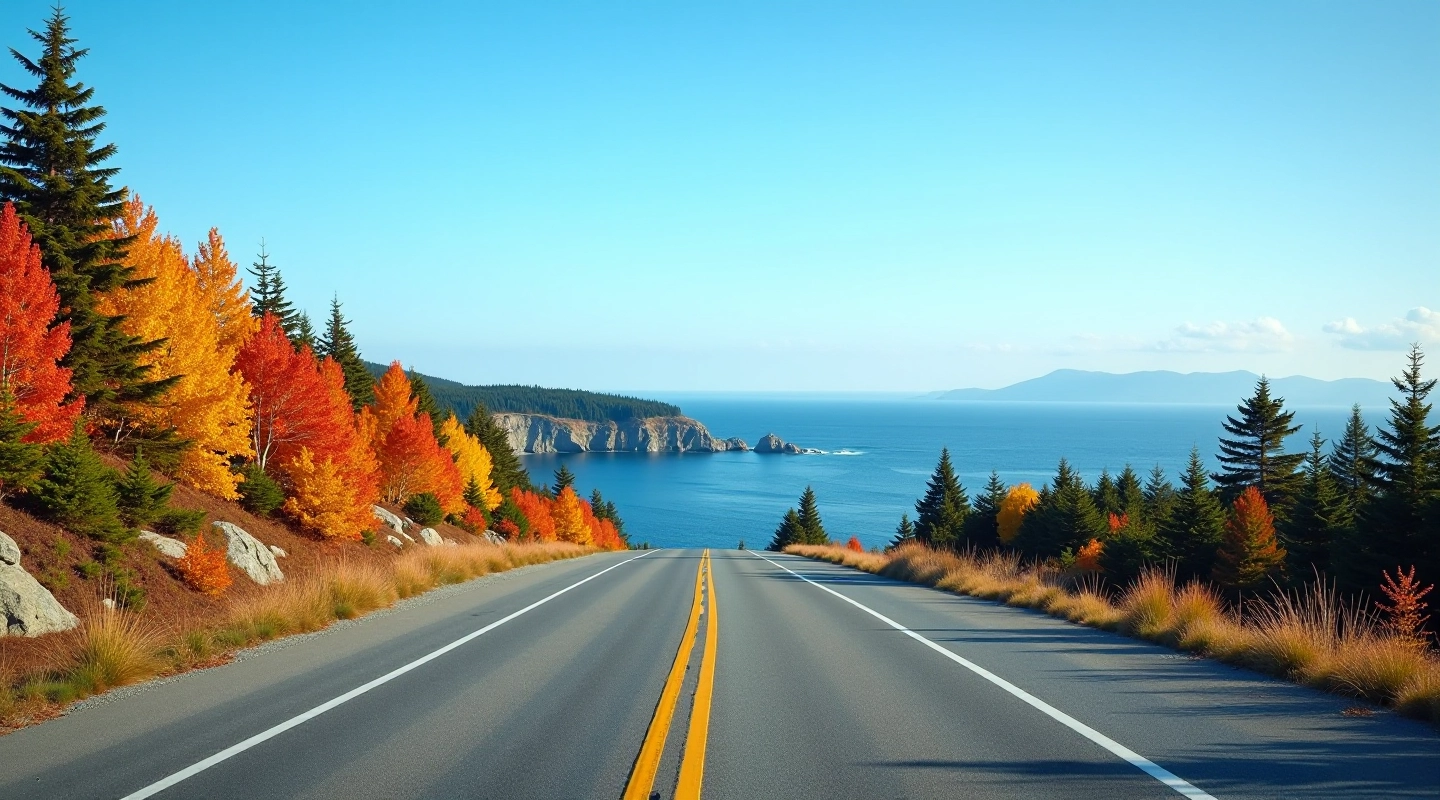 Coastal highway through Nova Scotia with Atlantic Ocean views