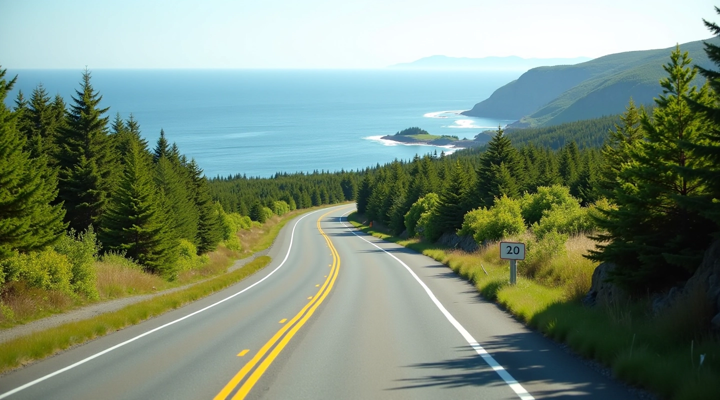 Scenic coastal road winding through green hills with ocean views and rolling terrain