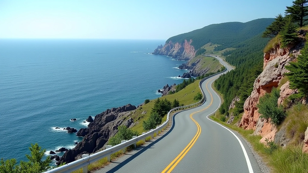 Coastal road curving along rocky cliffs with ocean views, white guardrail along the edge, clear sunny day with blue sky