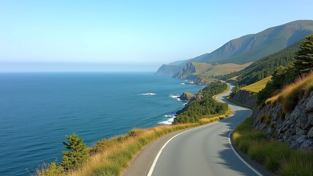 Winding mountain road with hairpin curves overlooking ocean cliffs and coastal landscape