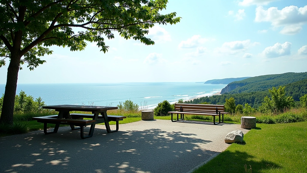 Rest area or viewpoint with picnic tables and benches overlooking ocean, scenic pullout along coastal highway