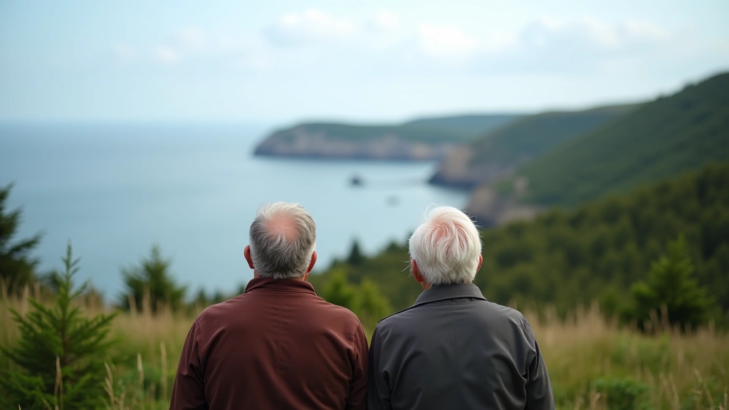 Senior travelers enjoying coastal viewpoint on Maritime scenic route