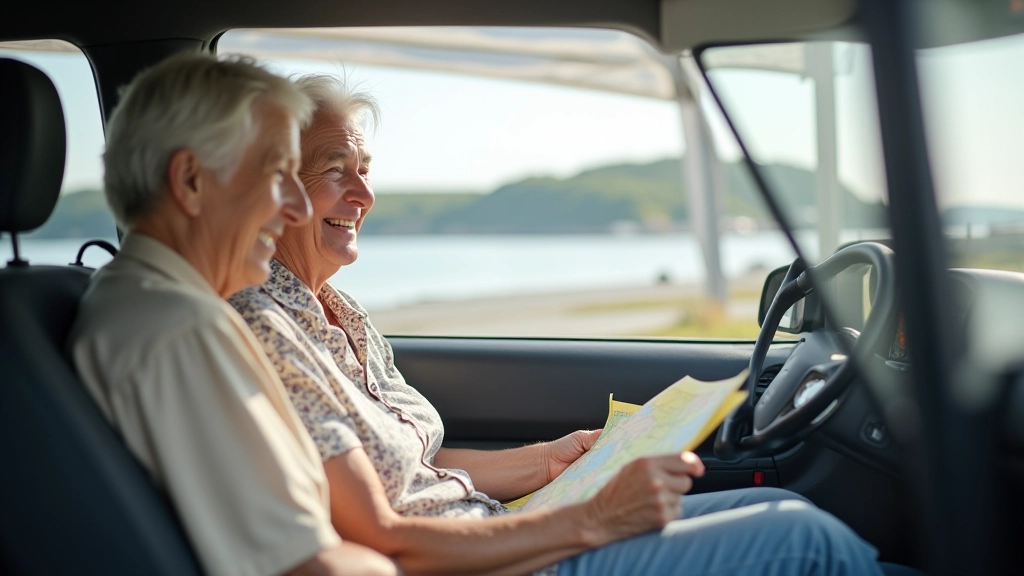 Senior couple looking at road map in car with windshield showing coastal view