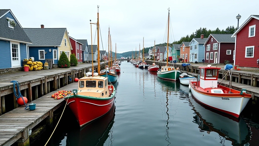 Weathered fishing boats in harbor with colorful buoys, docks with wooden posts, fishing village waterfront, Atlantic coast